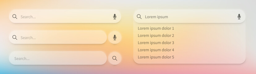 vector search bar ui kit in neumorphic style with microphone and magnifying glass icons, dropdown re