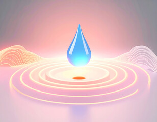 Wall Mural - Glowing blue droplet creates ripples on smooth surface, surrounded by soft waves