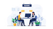 © meeblues - Flat illustration of a bank employee consulting a client at a desk with a computer, symbolizing customer service, financial advice, savings, investment, and professional banking support