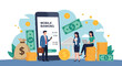 © meeblues - Flat illustration of people using mobile banking apps for transactions and account management, symbolizing digital finance, online payments, financial security, and banking technology for business