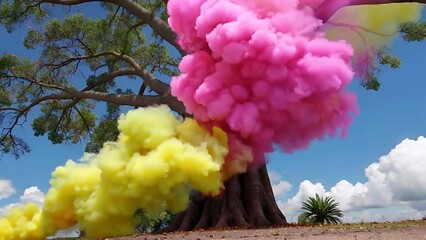 Wall Mural - vibrant 4k cinematic video of colorful smoke plumes yellow pink bursting from a tree beneath a bright blue sky scattered with fluffy clouds delivering a dynamic surreal eye catching
