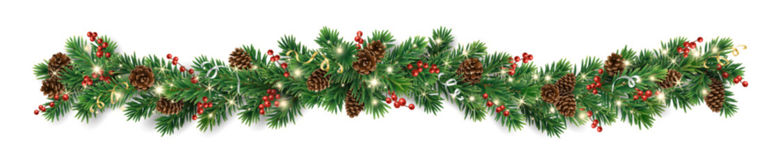 Wall Mural - Horizontal Christmas garland with pine cones, fir branches, holly berries, glowing lights, and ribbons. Perfect for holiday banners, cards, and party posters. Transparent background in vector file.