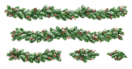 Wall Mural - Horizontal Christmas garland with snowy fir branches, pine cones, and holly berries. Festive design for winter banners, cards, invitations, and seasonal posters. Transparent background in vector file.