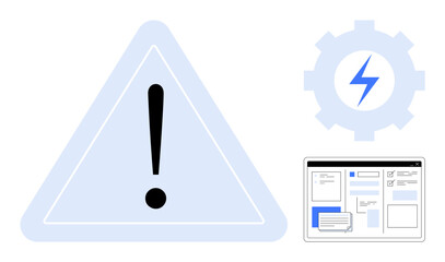 Exclamation inside a triangle, cogwheel with lightning bolt, and interface mockup. Ideal for technology, online safety, concept development, error notification, system alert, UX design early-stage