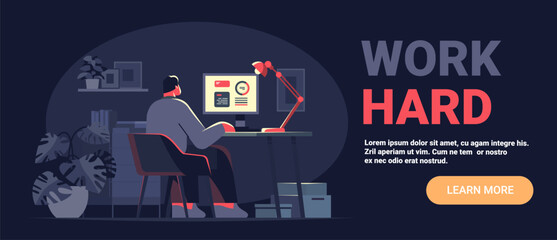 Work hard motivation office workspace man computer desk night lamp indoor plants modern dark background website banner
