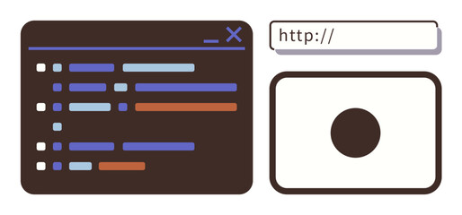 Open code editor with syntax lines, search bar with HTTP text, and media image placeholder. Ideal for programming, coding, design, development, tech concepts, web tools software simple flat
