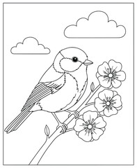 bird coloring page illustration of a songbird perched on a blooming branch with flowers and clouds i