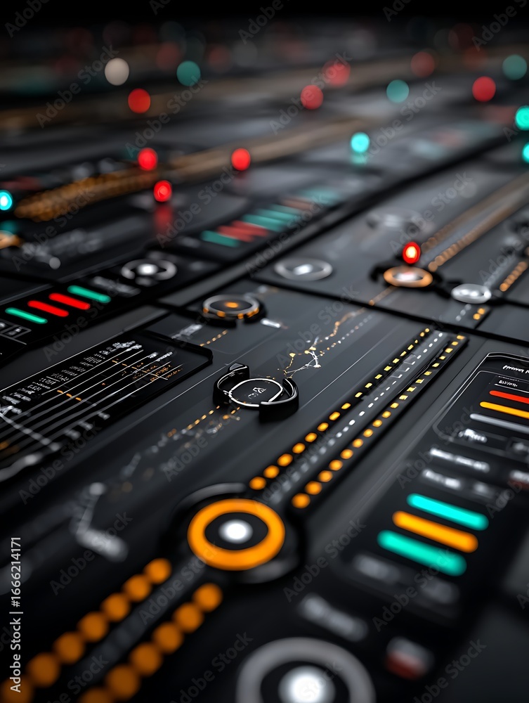 the image showcases a dark, futuristic control panel with glowing ...