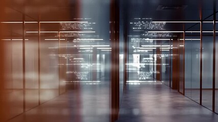 Futuristic office corridor with holographic code projection changing