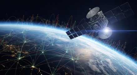 Wall Mural - Global satellite network over Earth with city lights and connection lines. Space technology for worldwide communication. Internet, GPS, and telecommunication concept