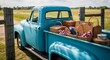 © Alexey - Vintage blue pickup truck loaded with picnic baskets and supplies in rural field. Summer outdoor leisure concept. Nostalgic countryside getaway scene with copy space