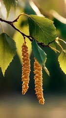 Wall Mural - soft birch catkins dancing in golden sunlight, delicate branches swaying with gentle spring breeze