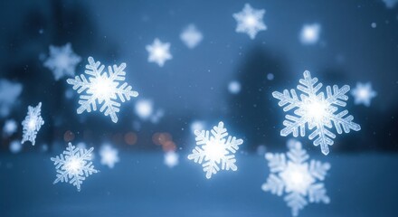 Magical winter snowflake bokeh effect with glowing lights and a soft blue backdrop