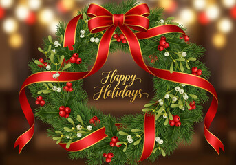 Wall Mural - A festive Christmas holiday wreath with a red bow and 