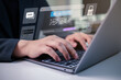 © HoursStudio - AI command interface concept with developer typing on laptop, featuring virtual AI agent window, code generation, secure access, and intelligent automation for digital innovation.