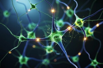 Wall Mural - glowing neural network structure with electric impulses and green-blue neurons on dark blue light ba
