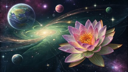 stunning lotus flower floats serenely amidst vibrant cosmic nebula and distant planets