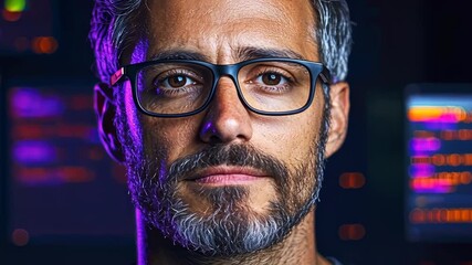 Focused man with glasses in front of digital screens