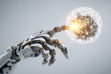 Futuristic robotic hand connecting to glowing network sphere, representing innovation and AI technology