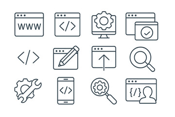 Web development icon set in linear style with coding, testing, digital design, programming, software, browser, mobile, tools, magnifier, and user interface elements transparent background vector