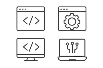 Web development icons set of 4, coding linear outline symbols, technology vector illustration, programming interface elements, software engineering design