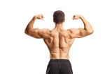 Shirtless musuclar man flexing back muscles