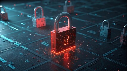 Futuristic hacking alert, glowing red padlock breaking apart into digital fragments, surrounded by glowing blue locks