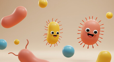 Playful 3D rendering of cute smiling bacteria and microbes, representing the human microbiome and probiotics concept