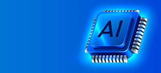 Brightly glowing AI computer chip. Technology concept. CPU processor. Computer microchip.