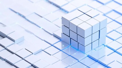 Abstract 3D Render of White Cubes with Geometric Patterns on a Tiled Background Creates a Modern Minimalist Design for Technology and Futuristic Concepts