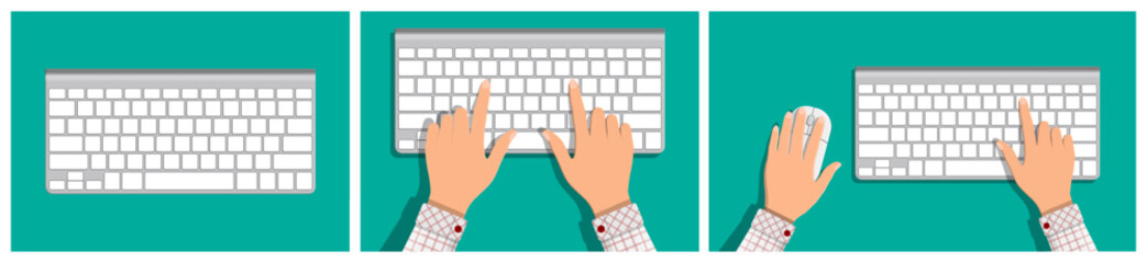 Man hands typing on white computer keyboard and using mouse. Top view of programmer at work. Digital concept.