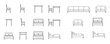 © MkJutt - Minimal CAD style line drawing of furniture elements including chairs, tables, beds, and sofas shown in top view and side view vector illustration for interior design and architectural floor plans