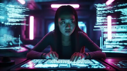 Asian woman coding at illuminated keyboard; screens display lines of code in dark room