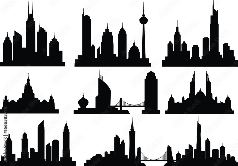 City skyline silhouette illustration, famous landmark buildings, modern ...