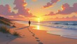 © PicksZone - Footsteps leading across a sandy beach toward a glowing sunrise, captured in soft warm light. Evokes feelings of a journey, progress, and new beginnings.