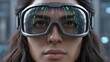 © Always - Close-up of a woman with futuristic mirrored goggles in a cyberpunk city, reflecting neon lights.