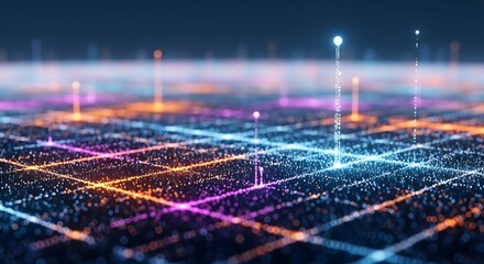 Digital grid with glowing particles and light trails representing data transfer. Abstract technology, big data, and futuristic network concept.