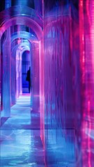 Wall Mural - An art installation featuring a vibrant tunnel of neon lights. The immersive space is filled with reflective surfaces and colorful arches, creating an intricate design that captures the imagination.