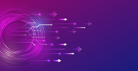 Wall Mural - A futuristic tech background with glowing arrows, circular digital circuits and a purple gradient symbolizing speed, innovation and data flow. Good for science-themed presentations.