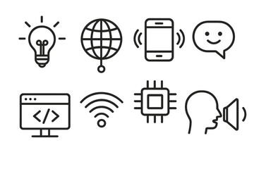 Technology and communication icon set. Vector line art symbols for web design, development, and marketing. Includes idea bulb, global network, mobile, chat, coding and CPU.