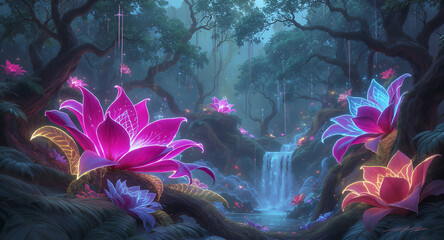 Wall Mural - Dreamy tropical flowers with glowing neon outlines artistic floral surreal digital design  