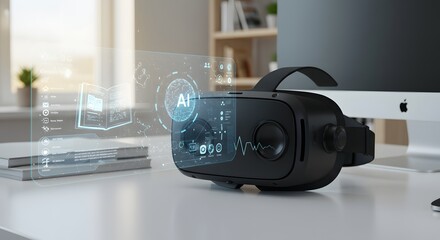 Black VR headset on a modern office desk with a holographic AI interface and data visualization.