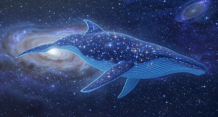 Wall Mural - Surreal cosmic whale made of glowing stars swimming across galaxy fantasy illustration  