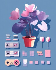 Wall Mural - Pastel Plant and Retro Game Accessories