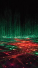 Wall Mural - Abstract digital landscape with vibrant green and red light patterns, creating a mesmerizing visual effect, showcasing depth and dynamic energy in a futuristic environment