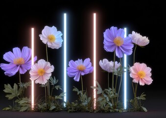 Wall Mural - Vibrant flowers illuminated by neon light