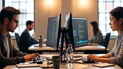 Dedicated developers coding in a modern office, creating software and innovation in a