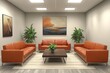 © Mrda - Photorealistic interior of an office waiting room with comfortable leather sofas, plants, and artwork