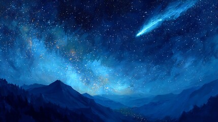 Wall Mural - blue galaxy night sky wallpaper with shooting star over mountains landscape digital art background
