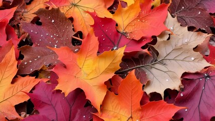 Wall Mural - Vibrant maple leaves in multiple colors with water droplets, showcasing autumn transformation. Leaves range from yellow, orange, red to deep burgundy with intricate textures and water beads